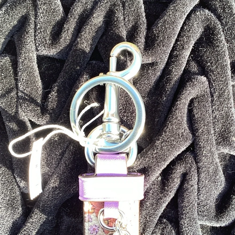 NWT Coach Trigger Snap Key Ring Bag Charm Purple and Floral Print